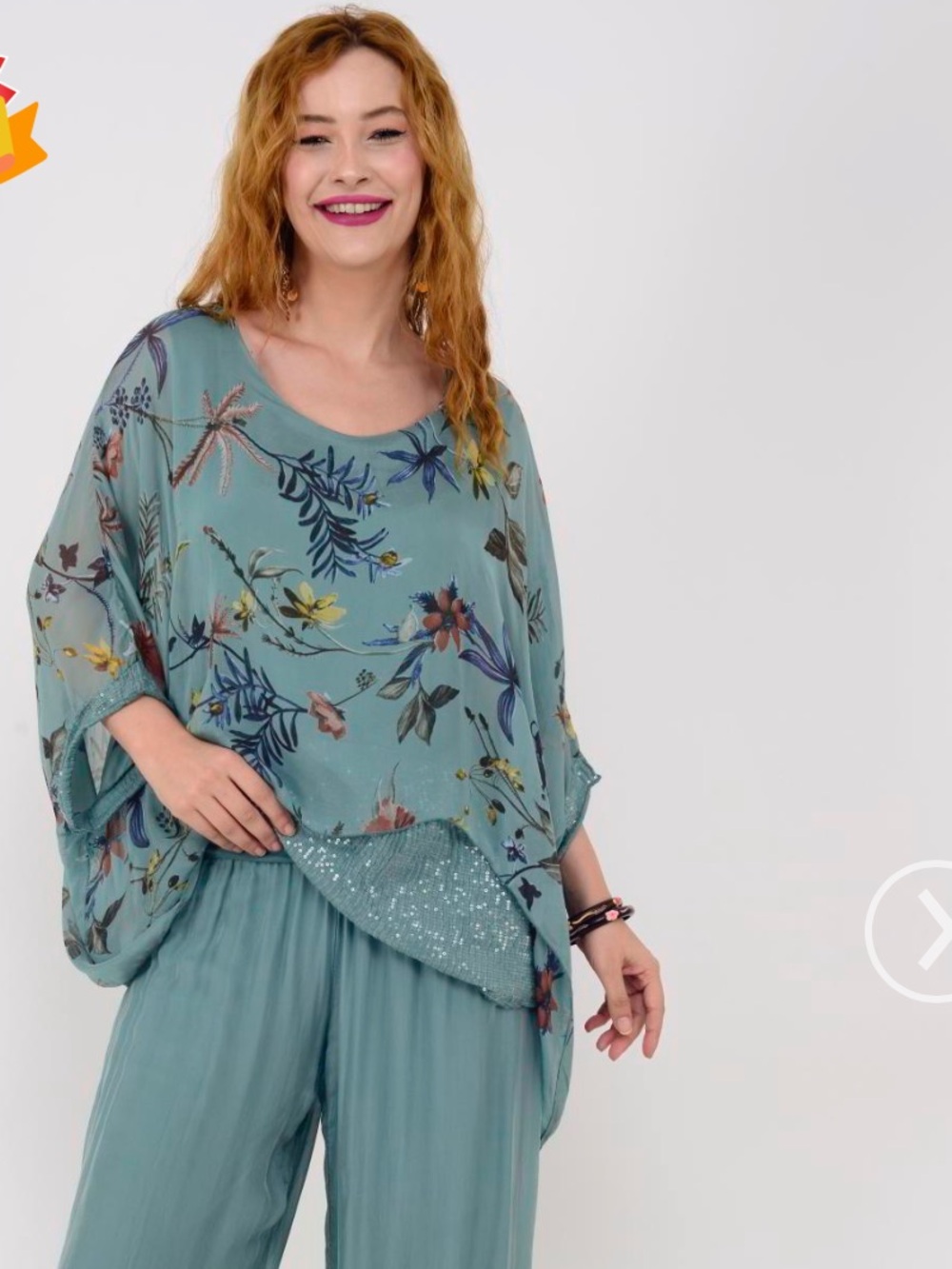 Made in Italy sage green floral-print batwing blouse